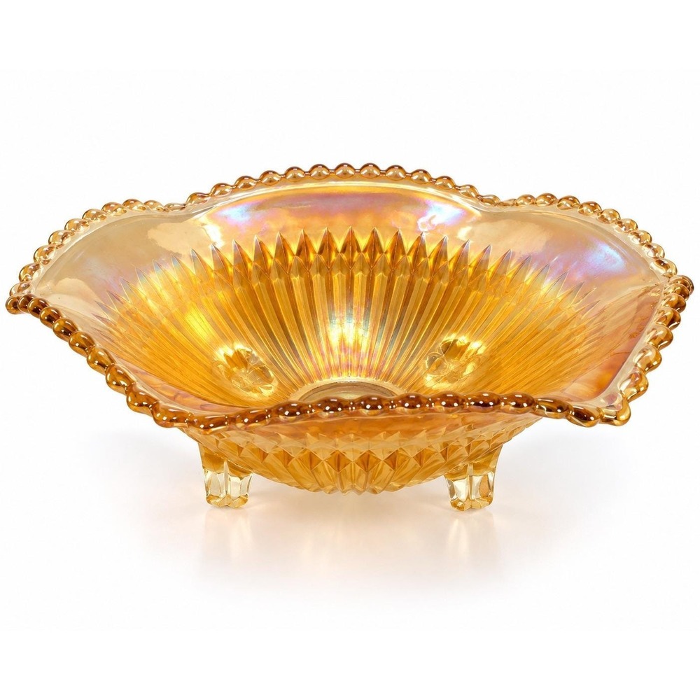 Vintage Jeannette Anniversary Diamond Ray Marigold Carnival Glass Footed Bowl